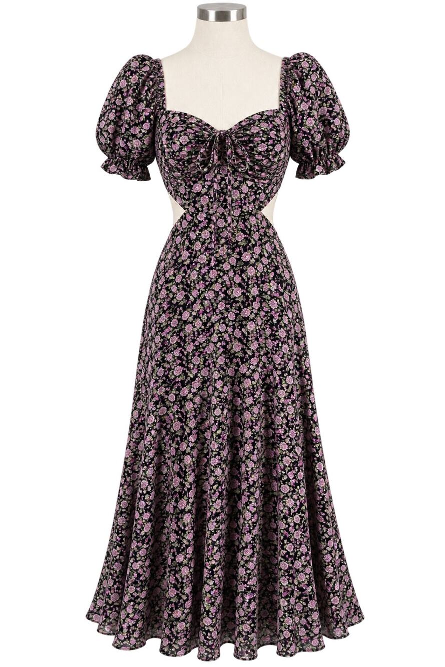ASTR The Label Ruffle Cutout Floral Black Lilac Ditsy Midi Dress - Size XS